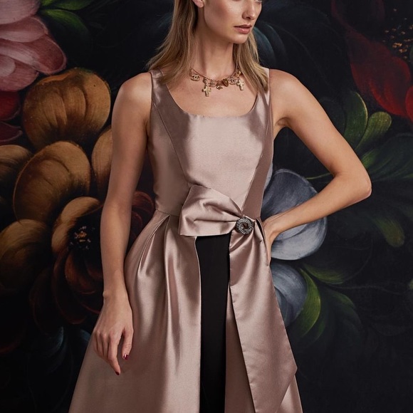 Kay Unger Sophie Jumpsuit Light Gold Dress Black Pants Sleeveless Formal Gown 8 - Picture 2 of 12